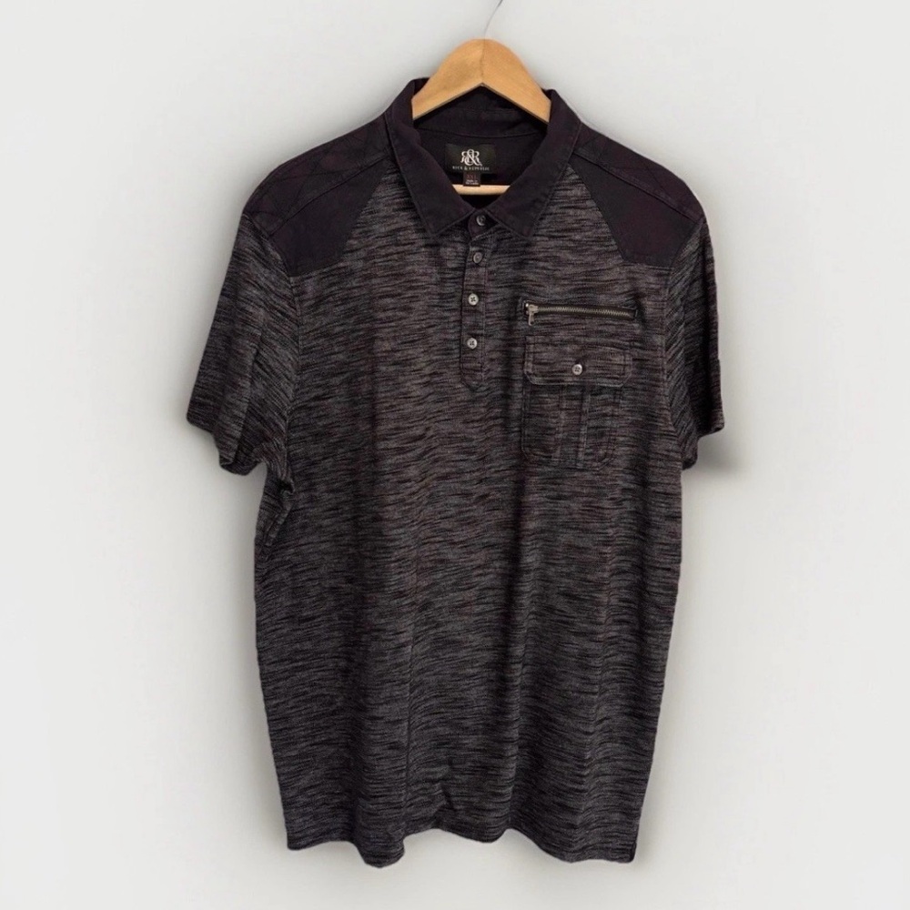 Rock & Republic Men’s Black/Gray Short Sleeve Polo Shirt Zipper Pocket Size XXL
